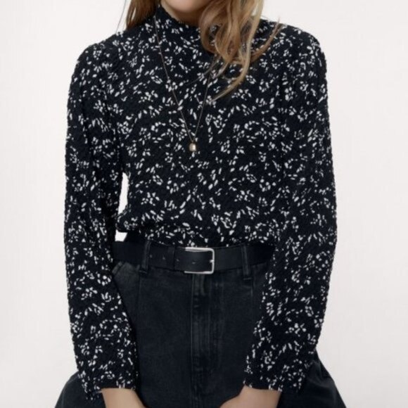 Black and White Zara Textured Abstract Print Long Sleeve Blouse Top (NWT) - Picture 1 of 7